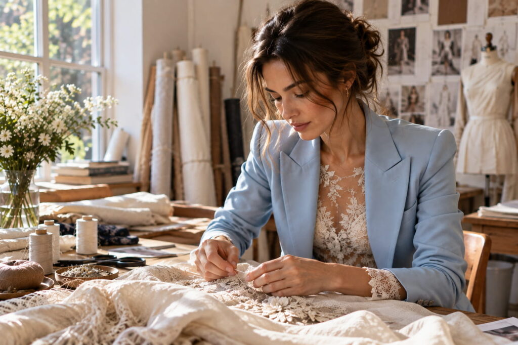 Seamstress hand-stitching lace in a sunlit atelier