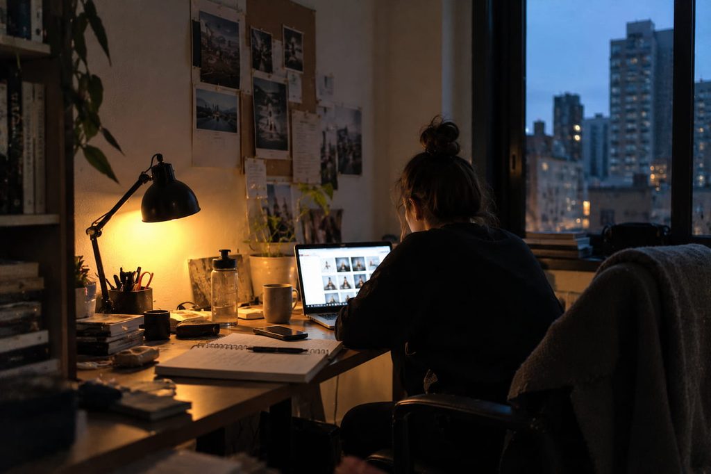 Creative workspace at night with a desk lamp, laptop and notes, city lights outside the window