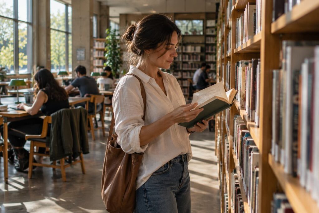 Woman browsing books in a bright public library