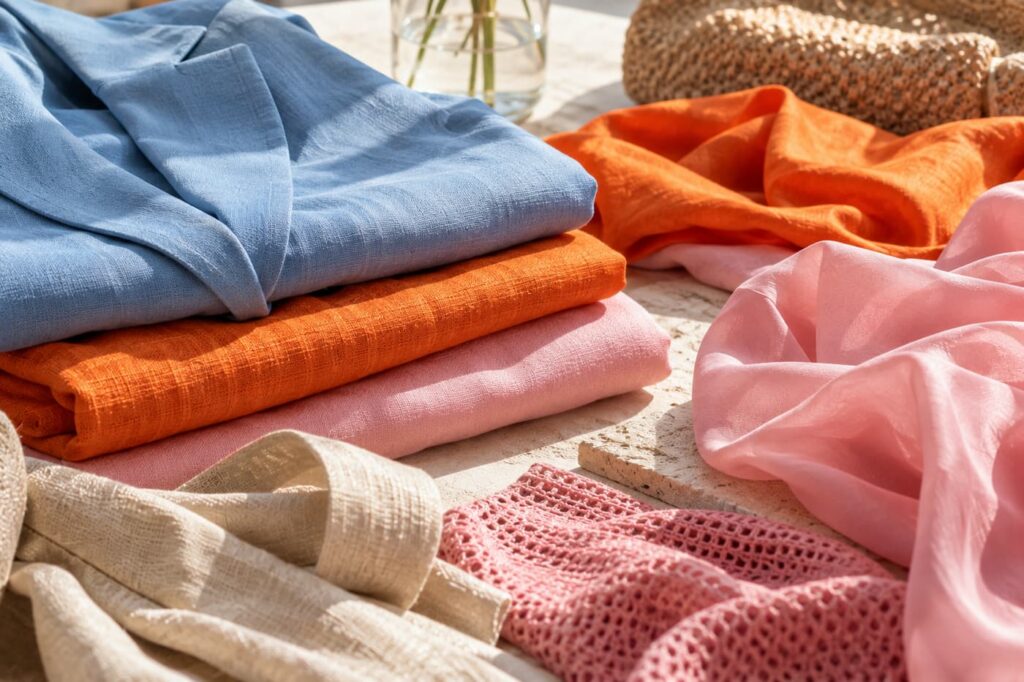 Fabrics in luminous blue, bright orange and soft pink in natural light