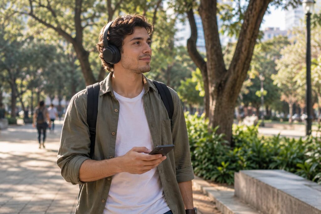 Young man listening to an audiobook with headphones in a city park